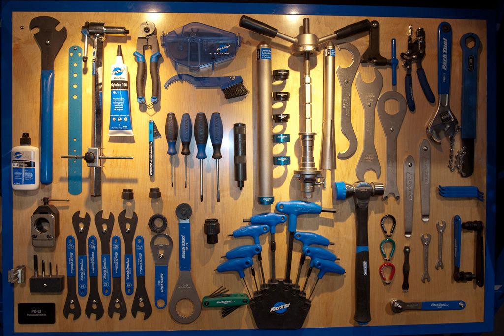 A professional bicycle mechanic's tool board